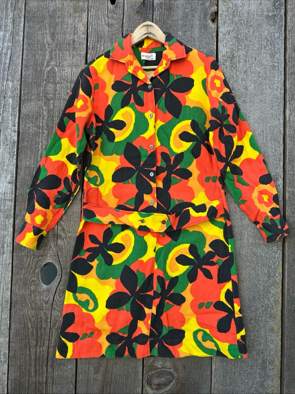 VTG 70s Dayglow Flower Power "The Maxi" Lady Arrow Long Sleeve Shirt Dress 11/12